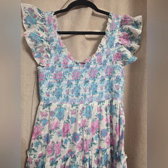 NWT LoveShackFancy Chessie Smocked Floral maxi‎ dress sea orchid S - Picture 9 of 10